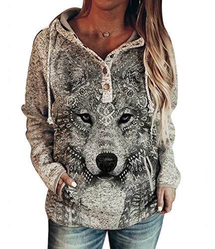 Sweat à Capuche imprimé Loup pour Femme - Sweat à Capuche imprimé Animal Motif Hibou Haut à...