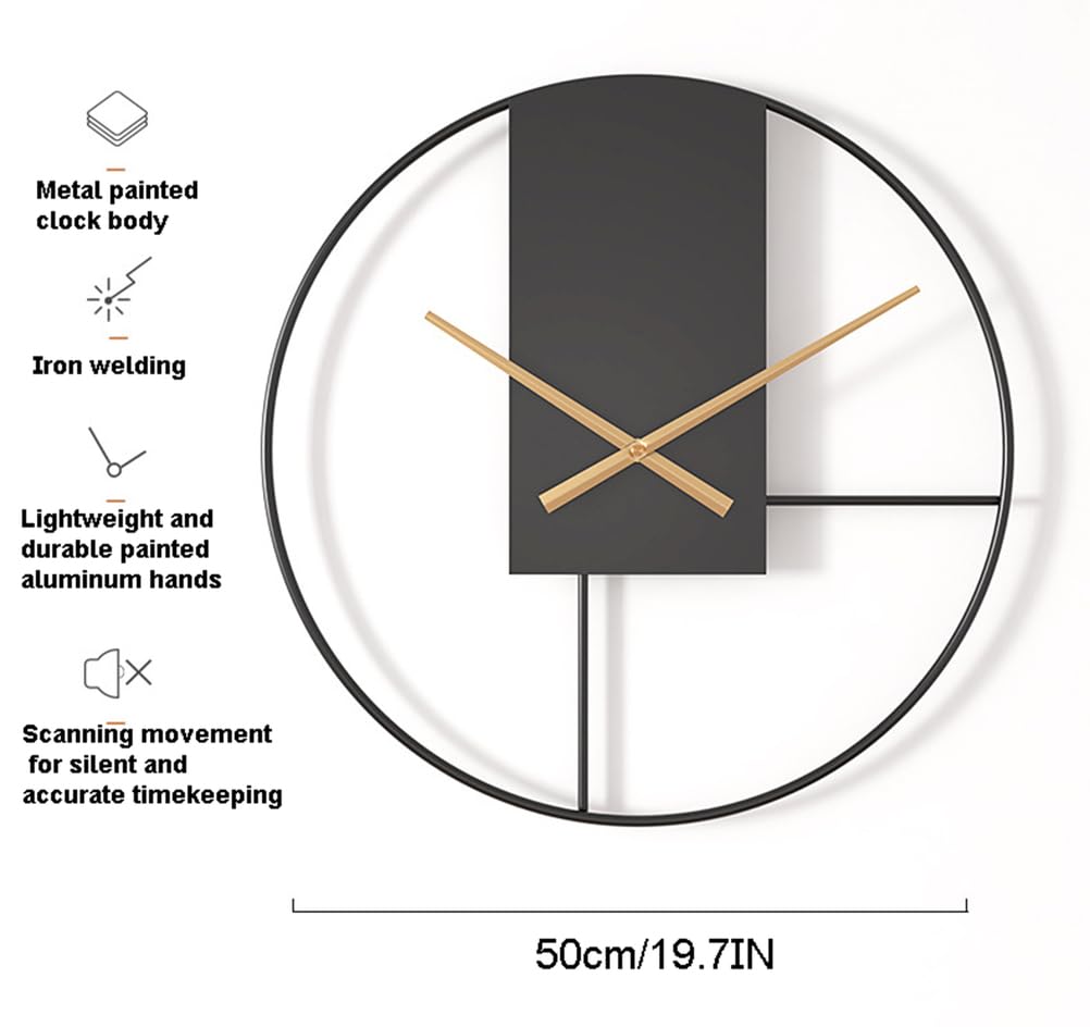 Reloj de Pared metálico Moderno y Sencillo, de 20 Pulgadas, silencioso, Funciona con Pilas, Ideal como Elemento Decorativo para Sala de Estar, Cocina, hogar, baño o Dormitorio