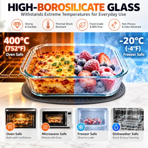 XIRYAER Glass Baking Dish, 8x8in Square Glass Baking Pan, with Silicone Heat-resistant Mats, 1.9 Qt Casserole Dish, Glass Baking Dishes for Oven, Dishwasher, Freezer, Microwave Safe - image 3