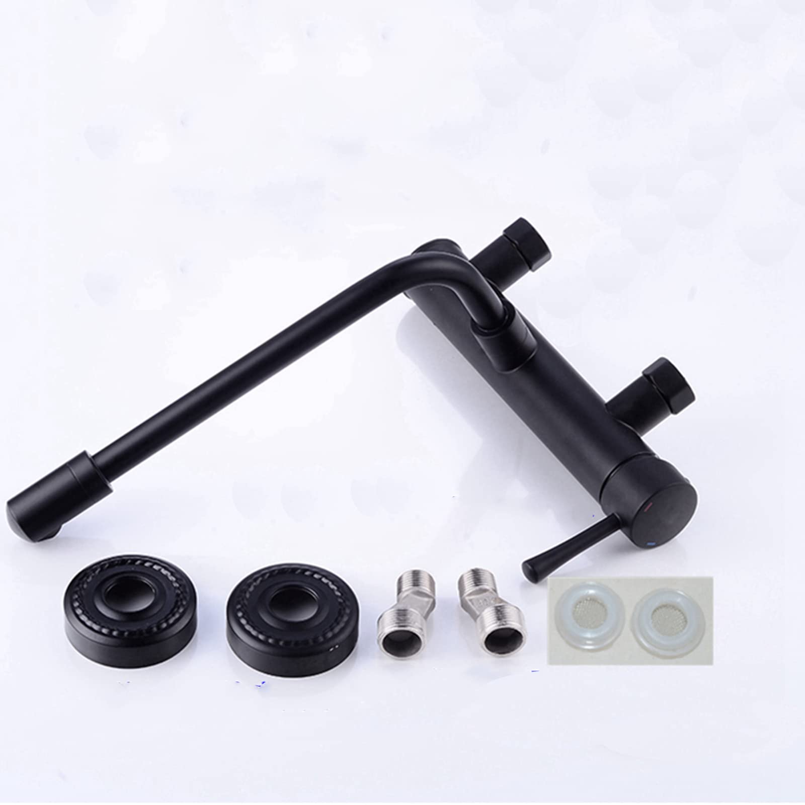 LYGSWDB Grifo de Cocina de latón de Pared, Giratorio de 28 cm, Agua fría y Caliente, Doble Orificio, Negro Mate, cocinas