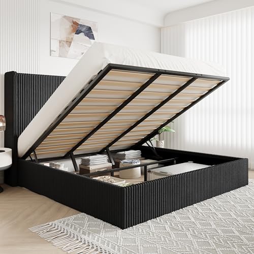 Image of Allewie King Lift-Up Storage Bed Frame, Corduroy Wingback Headboard, Black