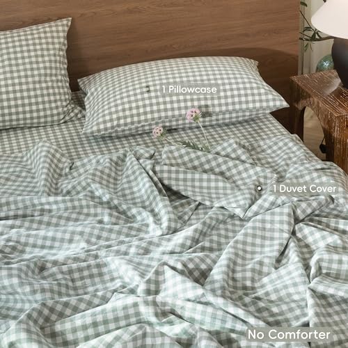 Image of MooMee Gingham Duvet Cover Set 100% Washed Cotton Linen Like Twin | Relaxed Linen-like Texture. Soft, Breathable & Long-lasting Comfort. Lightweight. Hidden Zipper with 8 Interior Corner Ties