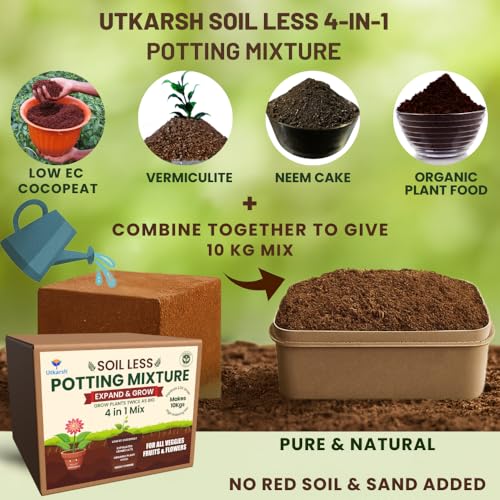 Image of Utkarsh 4-in-1 Soil Less Potting Mixture- Makes 10Kg Fluffy Soil for Plants Home Garden | 3.65Kg Dry Items- Cocopeat, Vermiculite, Neem Khad, Organic Compost - Potting Soil Mix for Plants