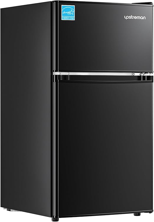 Upstreman 3.1 Cu.Ft Mini Fridge with Freezer, Double Door Small Fridge, Dorm Essentials, Adjustable Thermostat, Energy Saving, Mini Refrigerator for Office, Dorm, Bedroom, Black