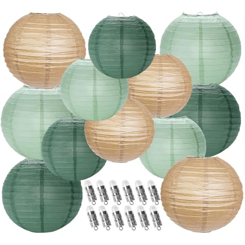 YUNXUAN Paper Lanterns Decorative Sage Green Forest Tan Hanging Round Chinese Lanterns with Lights for Rustic Party Sage Green Birthday Party 12 LED Light Pack of 12