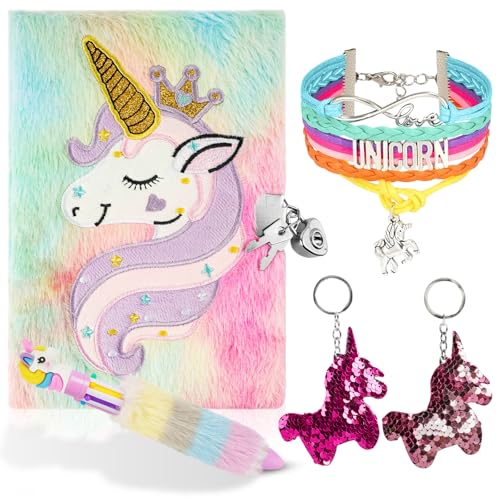 OFFCUP Einhorn Notizbuch mit Schloss, A5 Plüsch Notizbuch Einhorn Geheime Tagebuch Reise Notizblock für Mädchen Tagebücher Notizblöcke mit Kugelschreiber Armband Schlüsselanhänger Geschenk für Kinder