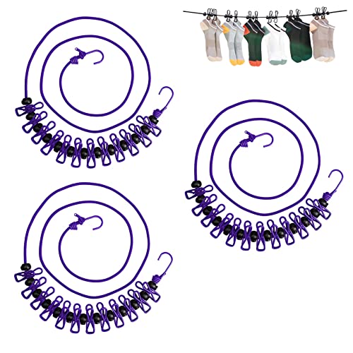 Zhoudafu 3 Pack Travel Clothesline for Hotel Room&Cruise Ship, Windproof Travel Laundry Line with 12 Clothespins, Portable Travel Clothes Line, Outdoor Camp Clothesline (Purple)