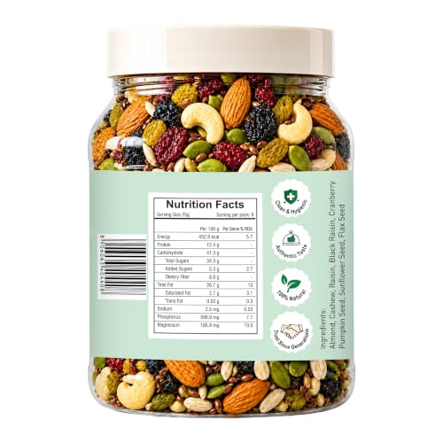 Image of D' Nature Eatery Mixed Dry Fruits 500g Healthy Natural 8 in 1 Superfood Trail Mix Nuts Seeds and Berries | Rich in High Protein Almonds, Cashew, Raisin, Pumpkin, Sunflower and Flax Seeds