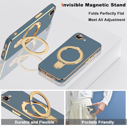 ETPESOK Compatible with iPhone 17E/16E Case with Magnetic Ring Stand [Compatible with Mag-Safe] [Full Camera Lens Protector] Soft Plating Phone Case for iPhone 17E/16E 6.1", Grey Blue by ETPESOK - Used condition - Image 6