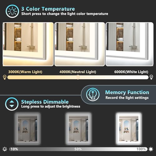 Image of 24x32 Brushed Nickel LED Bathroom Mirror with Lights, Backlit & Front-Lit, Anti-Fog, Framed Lighted Vanity Mirrors for Bathroom Wall, Dimmable, 3 Colors, Memory, Shatter-Proof, Tempered Glass
