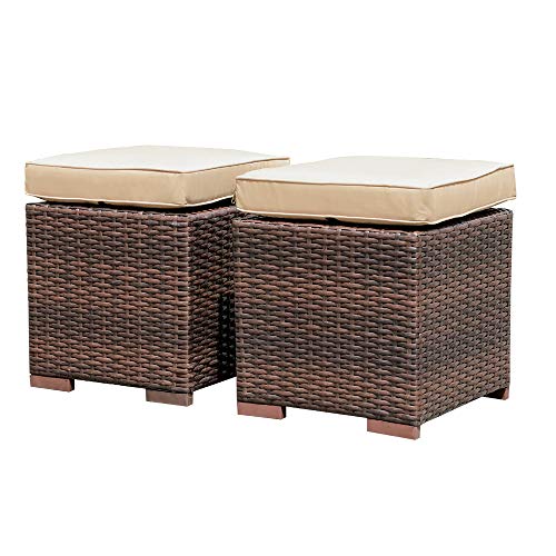 Patiorama 2 Pieces Outdoor Patio Ottoman, Indoor/Outdoor All-Weather Dark Brown Wicker Rattan Outdoor