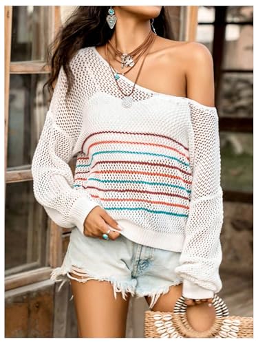 SweatyRocks Women's Hollow Out Striped Loose Sweater Sheer Long Sleeve Crochet Knit Pullover Tops3