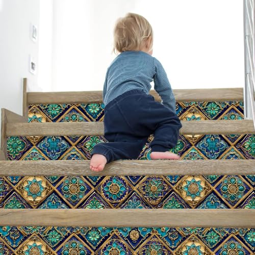 Image of Spring Summer Moroccan Tile Wall Decals, Blue Gold Mosaic Peel and Stick Wallpaper for Home Refresh, Boho Mural for Spring Cleaning Decor, Mother's Day, 39.37x15.75 Inch