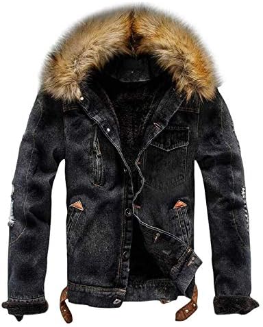 Omoone Men's Button Up Sherpa Fleece Lined Denim Jacket with Faux Fur Collar (Black, M)
