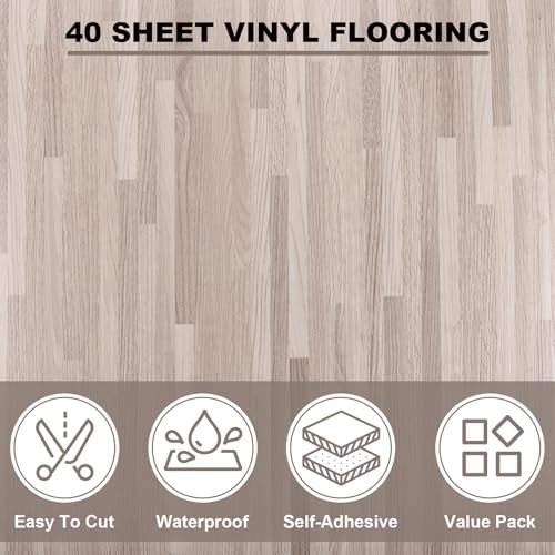 AKOLAFE 40 Sheet Vinyl Flooring 12x12 Peel and Stick Floor Tile Waterproof Clearance Vinyl Floor Tiles Striated Wood Self Adhesive Floor Tiles Sticky Laminate Flooring for Bathroom Kitchen Basement RV