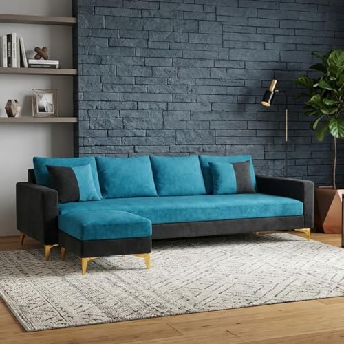 Image of Classiq Rich 5 Seater L Shape Sofa Set with Movable Ottoman | Flexible Layout | Spacious Soft Touch Seating | Designer Sofa for Living Room (Dark Grey & Aqua Blue)