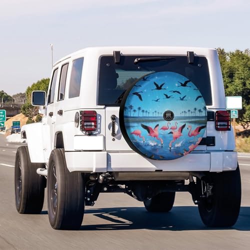 Image of Delerain Spare Tire Cover with Backup Camera Hole Tropical Flamingo Wheel Covers Sun Protection Waterproof for Jeep Truck RV Trailer SUV and Many Vehicle (14 Inch for Diameter 23 inch-27 inch)