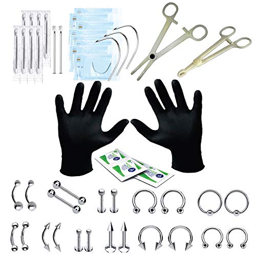 BodyJ4You 46PC Professional Piercing Kit 14G 16G Steel Belly Ring Tongue Tragus Nipple Lip Nose
