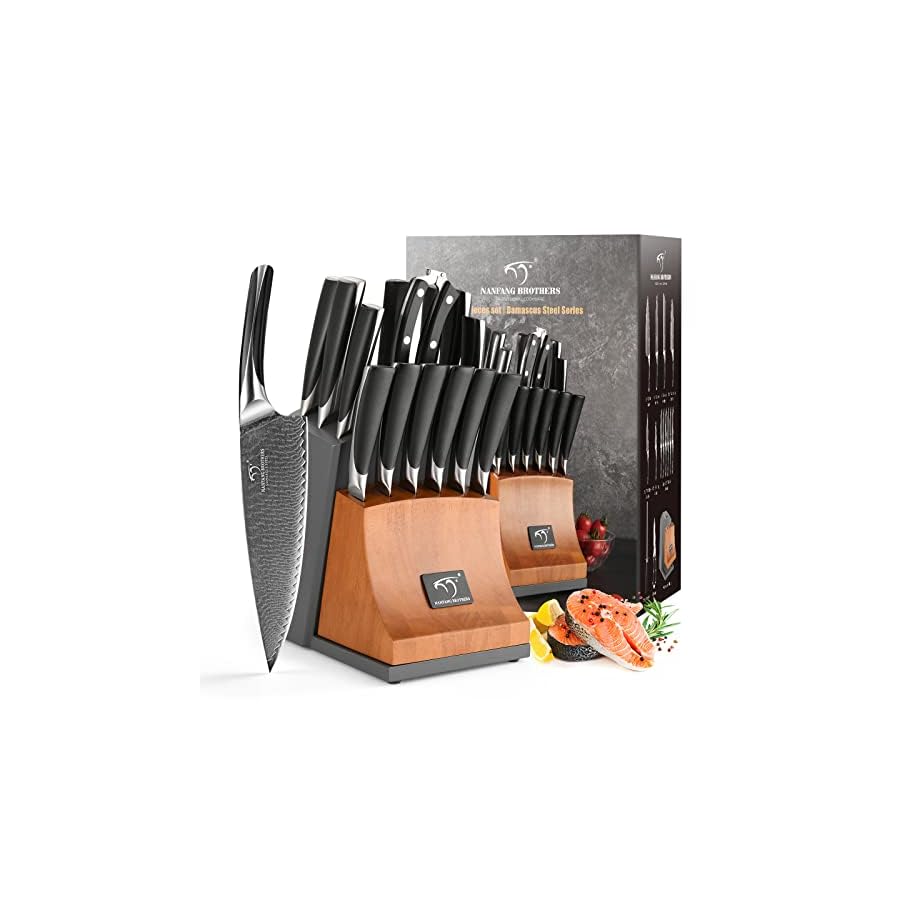 Damascus-Kitchen-Knife-Set-NANFANG-BROTHERS-15-Pieces-Knife-Sets-with-Block-Knives-Set-for-kitchen-Natural-Wood-Knife-Block-Set-ABS-Ergonomic-Handle-for-Chef-Knife-Set-Home-kitchen-Gift-for-Men Knife Set, NANFANG BROTHERS 15-Piece Damascus Kitchen Knife Set with Block, ABS Ergonomic Handle for Chef Knife Set, Carving Fork, Disconnect-type Knife Block Set
