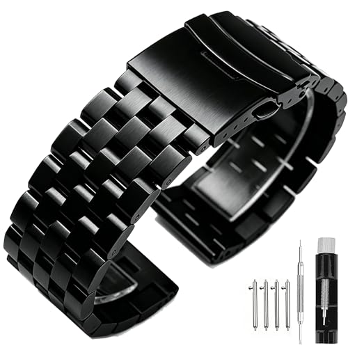 Image of Brushed Metal Watch Bands for Men Women Solid Stainless Steel Watch Band 18 /20 /22 /24 /26mm Watch Bracelet Strap Deployment Double Lock Deployment Buckle Black Silver Blue Gold