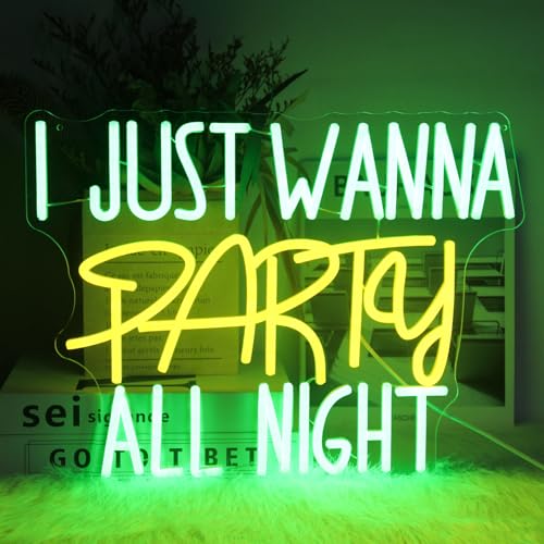 Image of I Just Wanna Party All Night Neon Sign Green Yellow Letter LED Party Decor