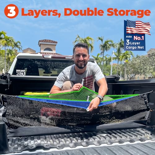 Image of 3-Layer Cargo Net for Chevrolet Tahoe /GMC Yukon /Cadillac Escalade 2015-2020 | Zoned Storage Trunk Net with Integrated Zippered Storage Bag, Heavy-Duty Cargo Organizer Netting for Camping, Trips