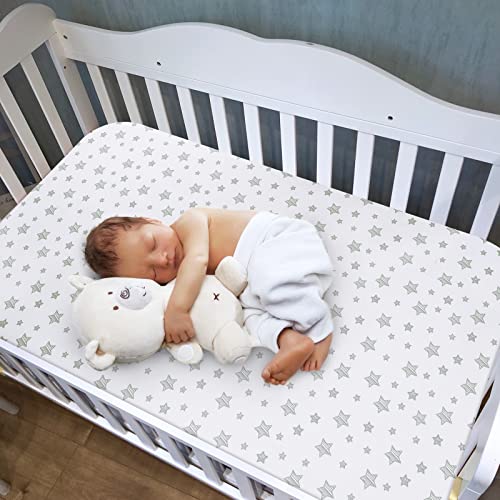 Image of Crib Sheets for Boys or Girls 2 Pack, Fitted Crib Sheet for Standard Size Crib and Toddler Mattresses, Soft and Breathable Material, Grey & White