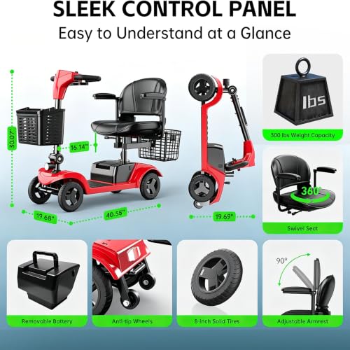 Image of Mobility Scooter,Removable Battery,Suitable for All Terrains-Red | 28 Miles Travel,300 lbs Capacity,Quick-Assembly, Features Rotating Seat,300W Motor,Dual Baskets and Rear Tail Lights