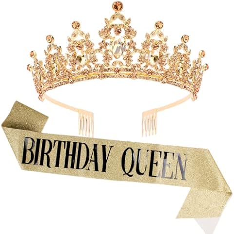 CAVETEE Gold Birthday Crown and Sash for Women Birthday Queen Sash & Rhinestone Tiara Set Birthday Tiaras and Sashes for Women Birthday Decorations Gold Birthday Queen Crowns Tiaras for Women Cover