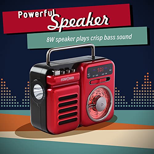 Fospower 2000Mah Emergency Weather Radio, Retro Style Portable Radio With 5.0 Bluetooth Speaker, Hand Crank, Solar Charging, Am/Fm/Wb, Flashlight & Sos Alarm (Red) #TOP6