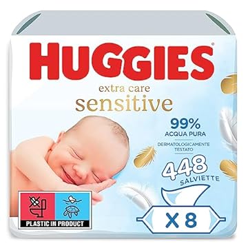Huggies Extra Care Sensitive, Salviette neonato, 448 Salviette con 99% acqua pura e 71% fibre assorbenti naturali, 8 Confezioni da 56 Salviette