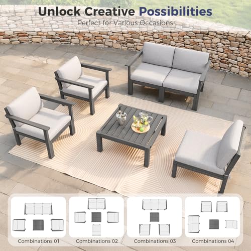 Image of Modular Outdoor Patio Conversation Set, 6-Piece HIPS Sectional Sofa with Coffee Table & Thick Cushions- Side Interlock & Detachable Armrest, All-Weather Patio Furniture Set for Backyard,Deck,Poolside