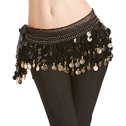 Veni Masee – Pañuelo profesional para danza del vientre, para cadera, cinturón, 3 filas de monedas de color dorado