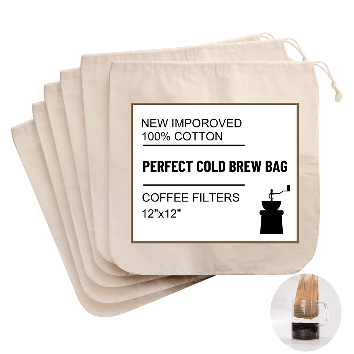 6 Pack 12" x 12" Reusable Cold Brew Bag, Coffee Filters bag for Pitchers, Mason Jars & Toddy Systems Cotton Bag for Nut Milk, Wine Brew, Tea, Soup, Herbs