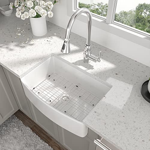 33 Inch White Farmhouse Sink - Beslend Curved Apron Front Single Bowl Farm Kitchen Sink, Large & Deep Ceramic Porcelain Fireclay Farm Sink Basin With Bottom Grids & Strainers #TOP7
