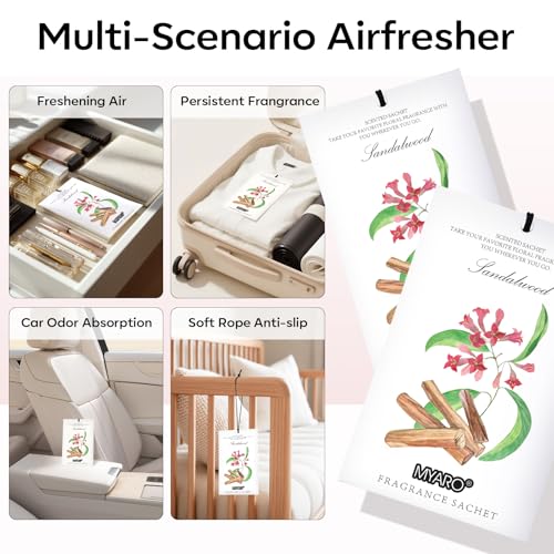 Image of MYARO 12 Pack Sandalwood Scented Sachets for Drawer, Closet & Small Spaces Air Freshener Bags, Odor Eliminator for Clothes, Car, Wardrobe, Home Fragrance Gift Set