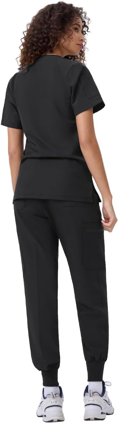 Scrubs Set for Women, V-Neck Top and Jogger Pants, 13 Pockets, Thick Stretch Medical Workwear