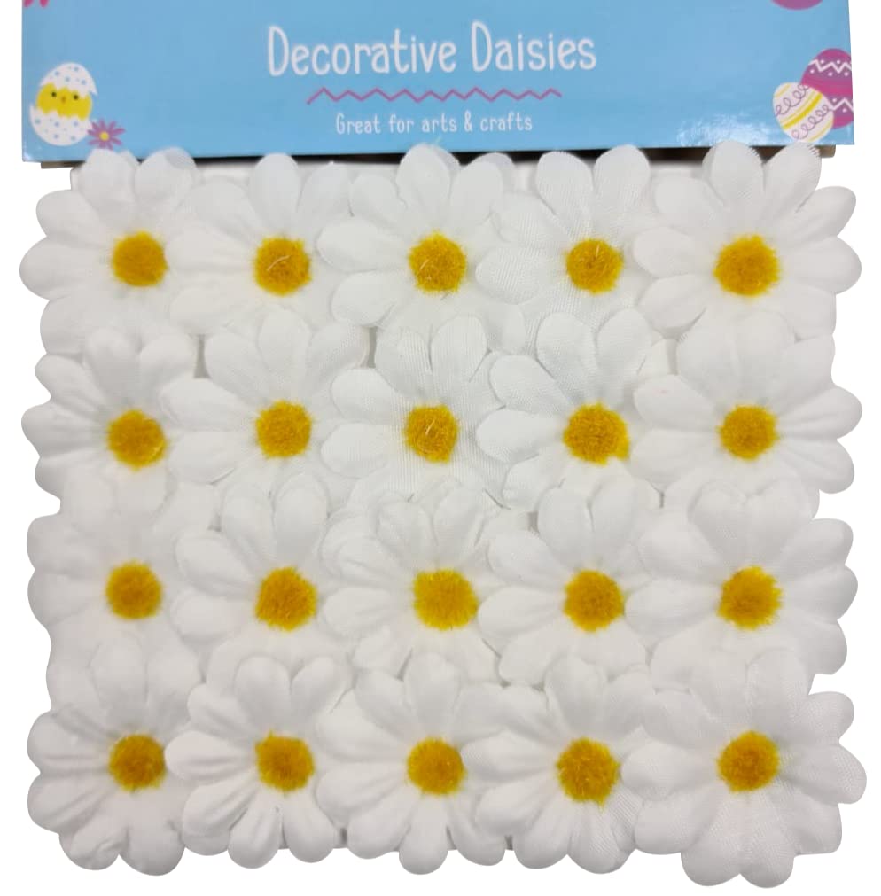 Evelay White And Yellow 25Pcs Easter Fabric Decorative Daisies Spring For Easter Bonnet Craft Decoration (White)