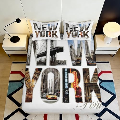 Drap Housse Imprimé 3D New York Microfibre Grande Profondeur Linge de Lit Chambre Enveloppement Total Housse de Matelas New York pour Adultes Adolescents...