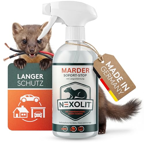 NEXOLIT Marderspray 500 ml. Natürliche Marderabwehr gegen Marderbisse im Motorraum. Materialschonendes Tierabwehrspray für Auto Garage Carport & Dachboden. Ohne Treibgas. Made in Germany