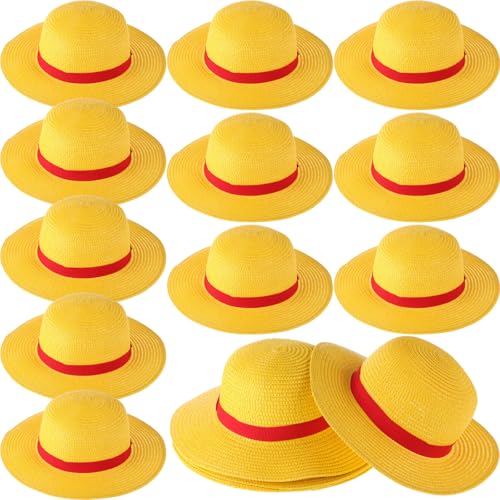 Shyyween 12 Pcs Yellow Straw Hats with Red Rope Costumes Cosplay Accessories Bulk for Summer Party Birthday Decoration(the Head Circumference Diameter Ranges from 6.5 Inches to 6.8 Inches)