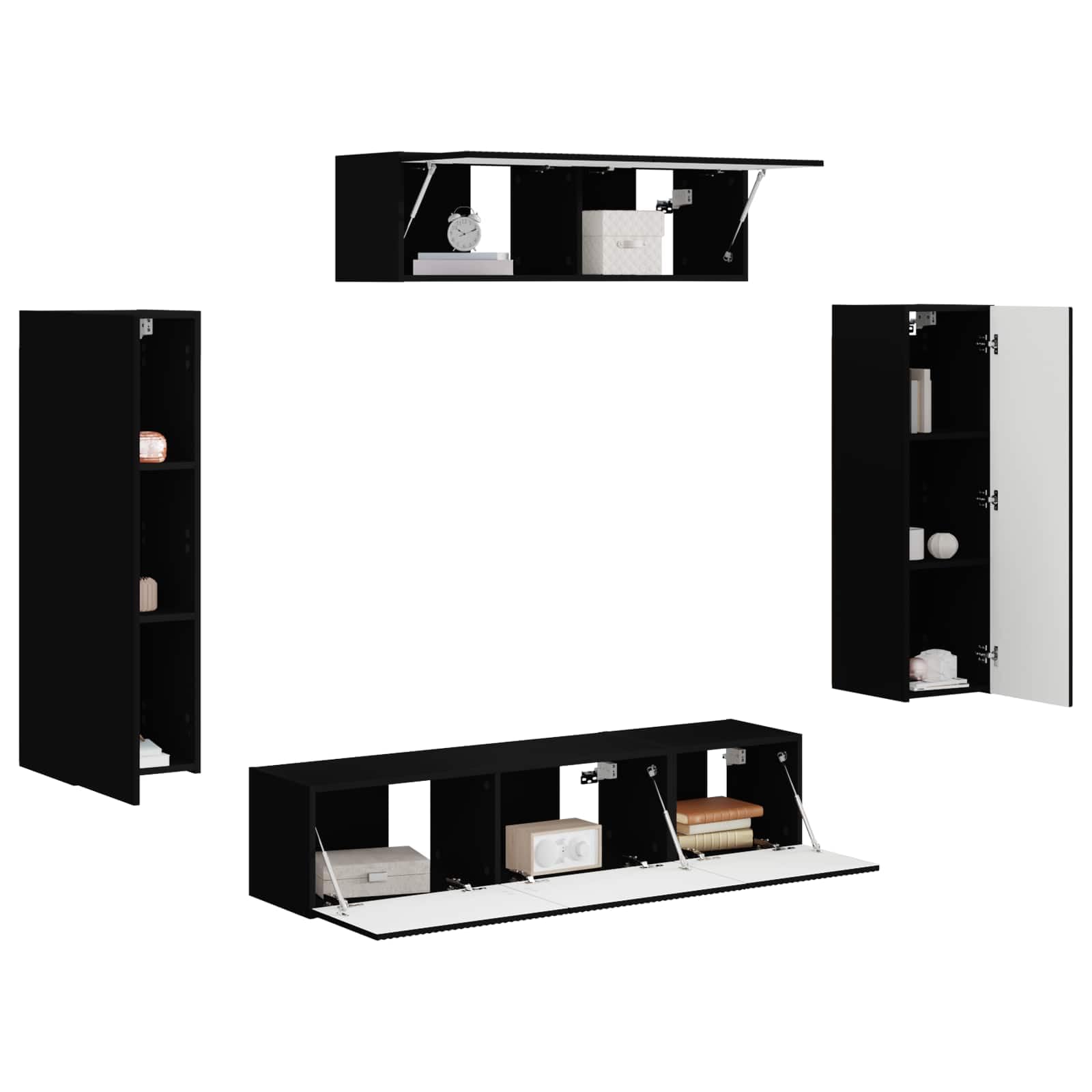 Mobile TV nero da parete, 5 pezzi, con vano portaoggetti, ripiani, cassetti e copertina, mobili multimediali moderni per soggiorno, camera da letto, home theater, console di gioco, soundbar