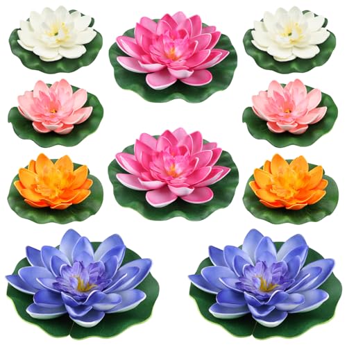 QUOZUO 10PCS 3 sizes Artificial Foam Lotus Floating Flowers with Water Lily Pad Ornaments for Home Garden Pond Decor Pools Water Decorations, Colorful