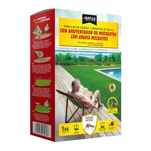 Semillas de Césped con Ahuyentador de Mosquitos BATLLE – Caja Dispensadora Troquelada 1 kg – Mezcla con Plantas Aromáticas Naturales – Efecto Repelente 100% Natural