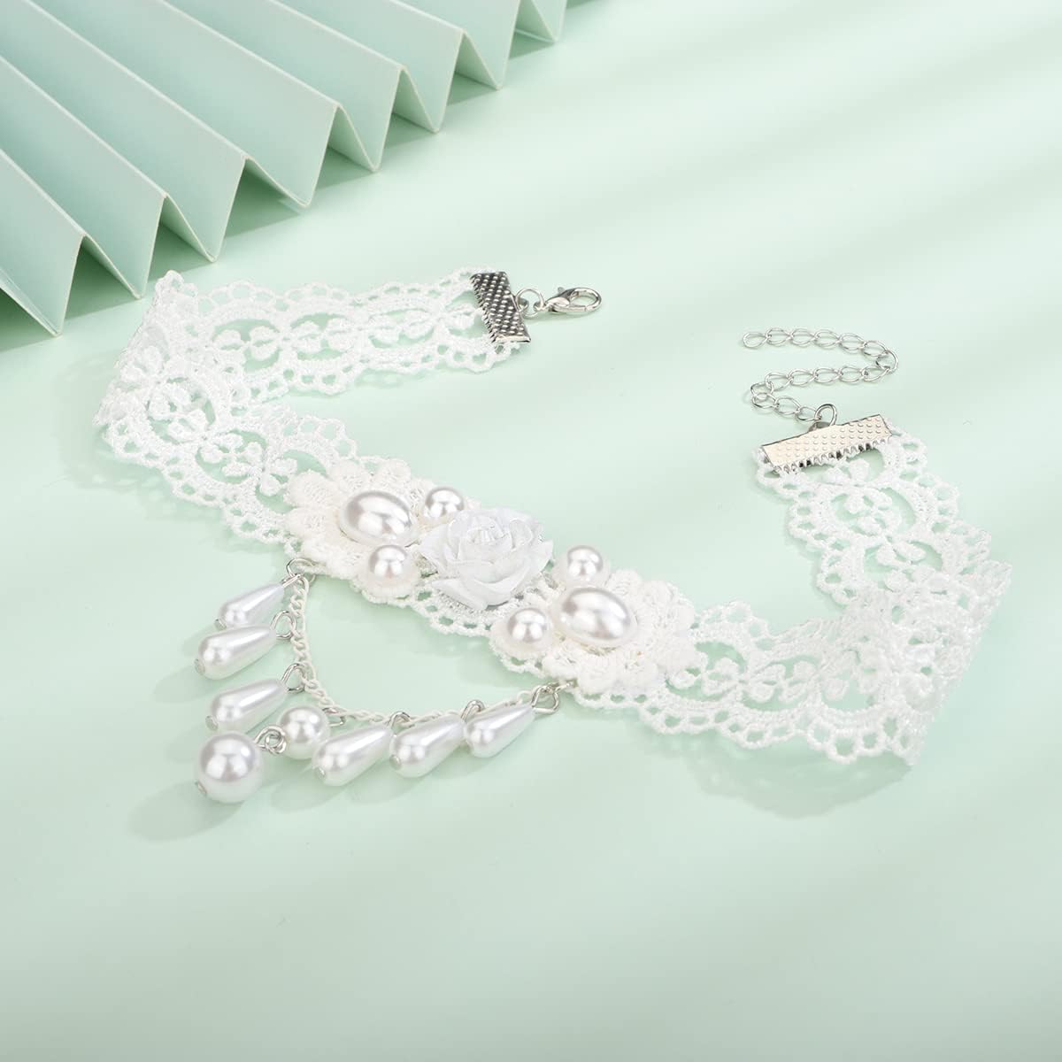 Xerling Elegant White Lace Choker Necklace Vintage Pearl Necklaces Gothic Victorian Lolita Costume Jewelry Necklaces for Women Flower Lace Choker for Bridal Wedding (Type B) - Image 6
