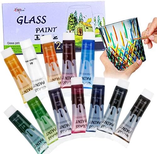 Happlee, Permanent Glass Paint, Watercolors Tubes Artist Paint and Multi-Surface Satin Glass Craft Paint Set, Non-Toxic Tempera Paint Transparent Glass Stain kit, 12 _ 12ml (12 colors)
