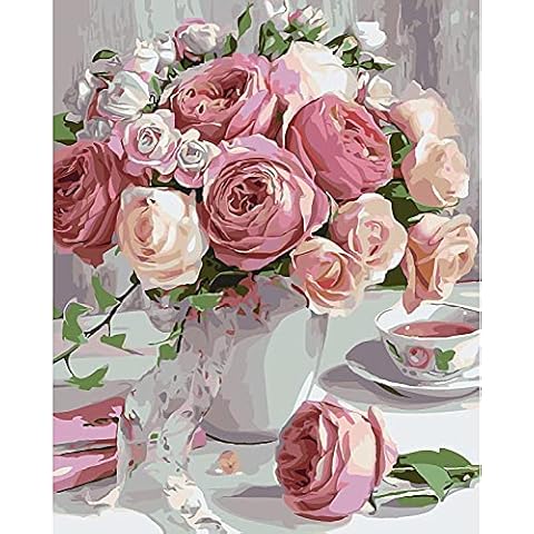 WHATWEARS Oil Paint by Numbers for Adults and Kids Professional Rose Oil Painting Kits on Canvas for Drawing Paintwork Lover ,40 x 50 cm/15.7 x 19.6 inch Without Frame(Flowers in Vase) Cover