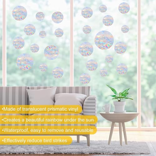 Image of 36PCS Circle Window Clings - Anti-Collision Window Decals to Save Birds from Window Collisions,Non Adhesive Prismatic Vinyl Window Clings, Rainbow Stickers