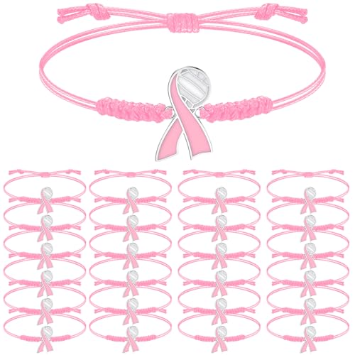 20 Pcs Breast Cancer Bracelets Pink out Volleyball Ribbon Bracelets Breast Cancer Awarenes Adjustable Cord Ribbon Gifts for Women