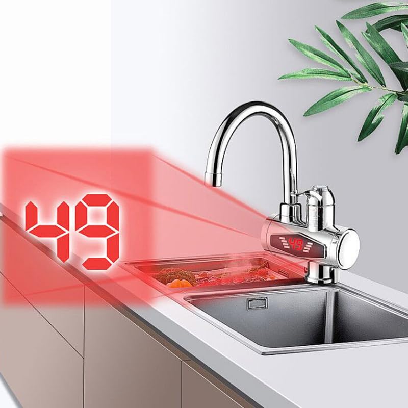 KLVN Grifo eléctrico para calentador de agua de cocina sin tanque de 3000 W, caliente/frío instantáneo, pantalla LED, boquilla flexible (fijación plateada)